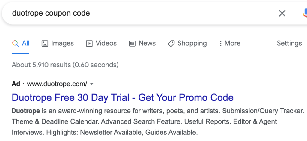 Search results for "duotrope coupon code" showing a 30 day free trial