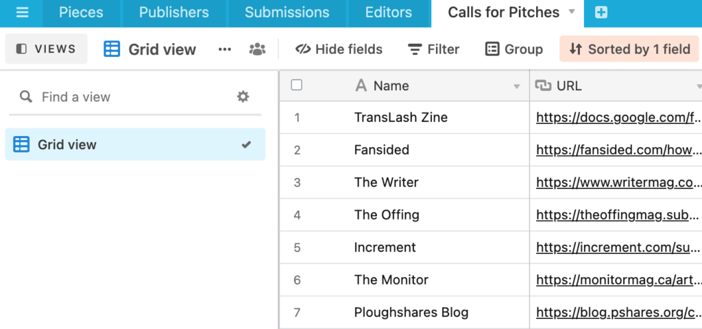 Screenshot of Airtable showing calls for pitches