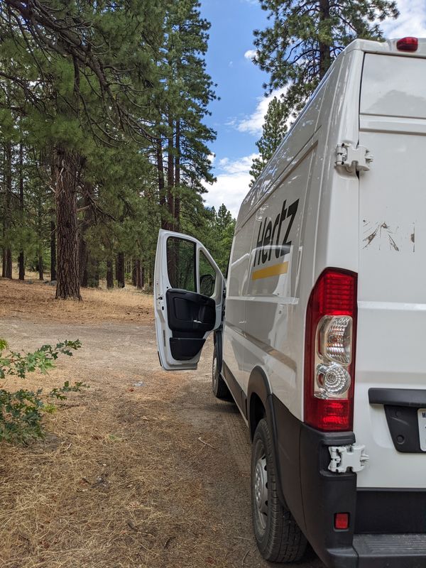 The van parked in a forest, driver side door open