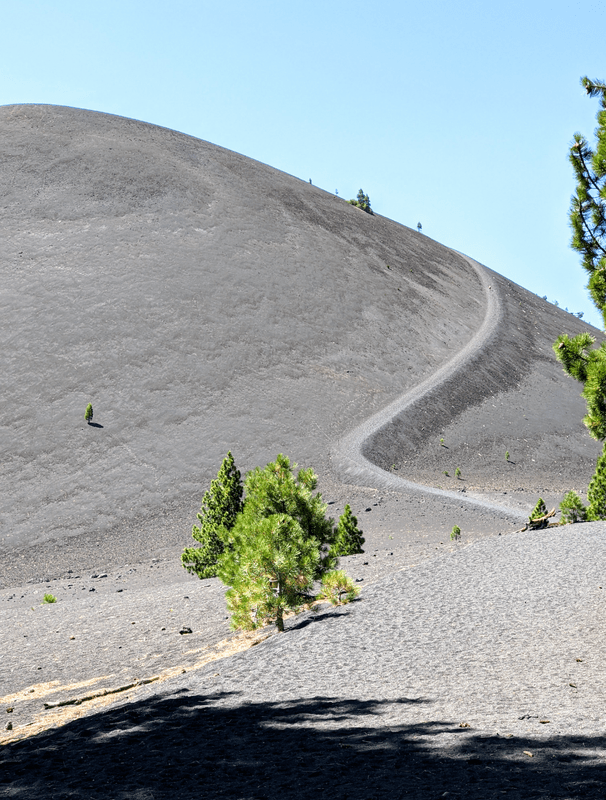 Photo showing the steep path winding up the side of the cinder cone volcano