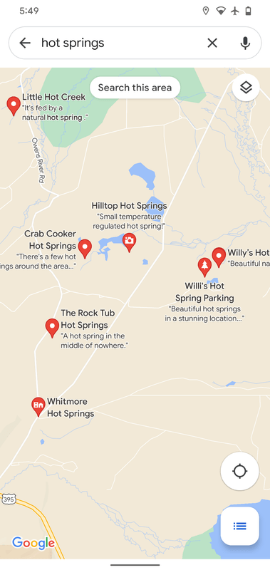 Screenshot of Google maps search for "hot springs"