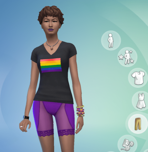 Character creation screen showing a Sim wearing a rainbow flag t-shirt and shapewear as underwear.