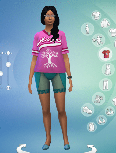 Character creation screen showing a Sim wearing a pink shirt and teal shapewear as underwear.