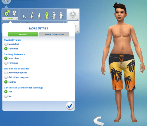 Character creation screen showing a Sim with top surgery scars and chest hair on a body that's wider at the hips than the shoulders.